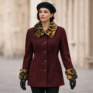 Vintage 90s Viola Per Donna Burgundy Wool Jacket Faux Fur Trim Size 36